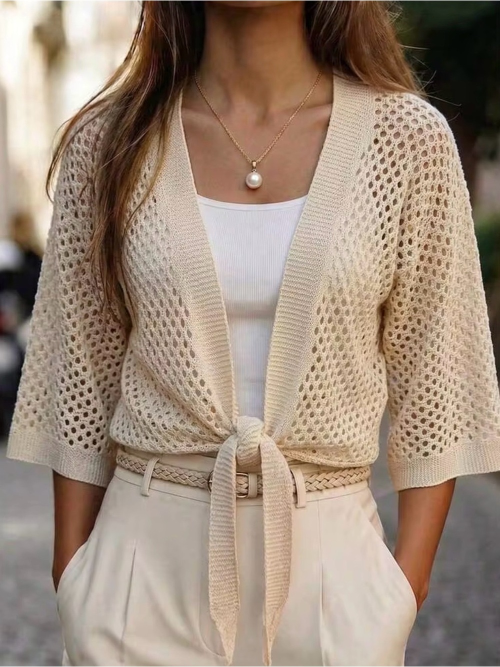 SHEIN Cream Open-Knit Tie-Front Cardigan
